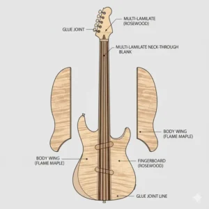 Detailed technical diagram showing the internal layers of a neck through guitar body.