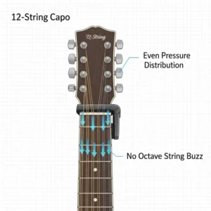Diagram showing even pressure distribution when using the best capo for 12 string guitar.