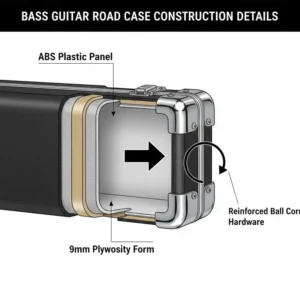 Technical illustration showing the multi-layer construction of a professional bass guitar flight case.