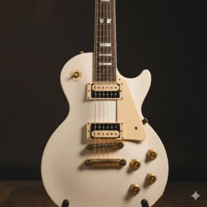Detailed view of the dual humbucker pickups and pickguard on a white les paul guitar.