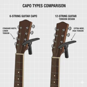 Side by side comparison of a standard capo and the best capo for 12 string guitar.