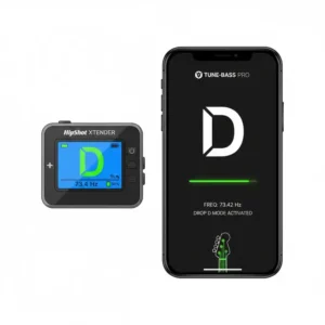 A digital interface of a pedal displaying the pitch shift accuracy of a drop d bass tuner.