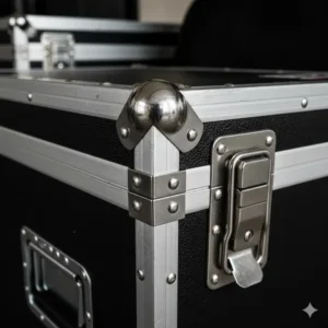 Close-up of reinforced steel corners and butterfly latches on a road-ready guitar vault case.