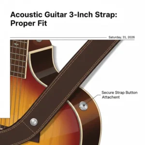 Detailed graphic of a 3 inch guitar strap properly fitted to an acoustic guitar button.