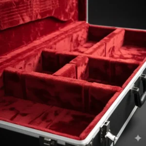 Close-up of the soft plush interior and foam dividers inside a multi guitar case.