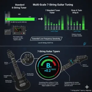 A comparison between a compact clip-on and a stage pedal 7 string guitar tuner for performers.