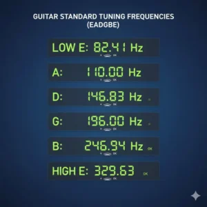 An educational infographic showing a guitar tuner frequency display with standard tuning values in Hertz.