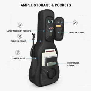 Detailed illustration of spacious accessory pockets on a professional gig bag acoustic.
