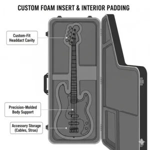 Internal view of the high-density foam padding inside a custom bass guitar flight case.