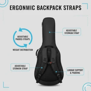 Illustration of adjustable ergonomic backpack straps for a heavy-duty gig bag acoustic.