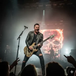Left handed guitarist playing his signature zacky vengeance guitar live on stage.