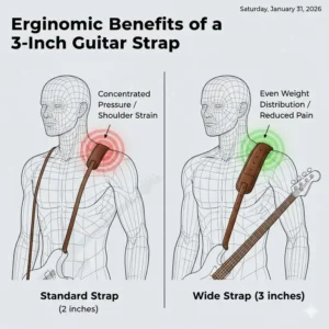 Diagram showing how a 3 inch guitar strap reduces shoulder strain for bass players and guitarists.