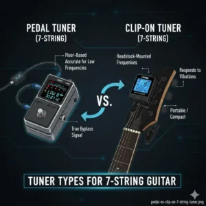 Technical diagram of locking machine heads and how they work with a 7 string guitar tuner.