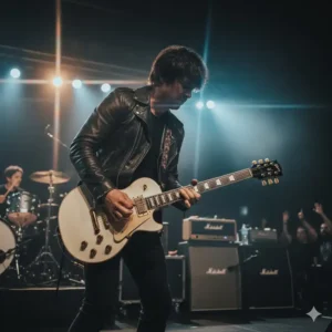 A guitarist performing on stage while holding a classic white les paul guitar.