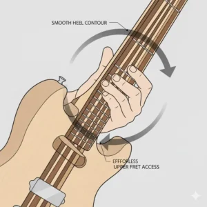 Close-up of the smooth heel contour on a neck through guitar for improved upper fret access.