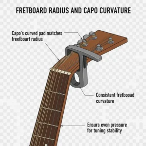 Illustration of fretboard radius matching with the best capo for 12 string guitar.