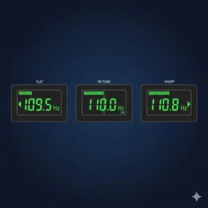 A visual comparison of sharp and flat pitch indicators on a digital guitar tuner frequency display.