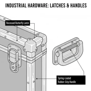 Close-up illustration of the industrial recessed butterfly latches on a bass guitar flight case.