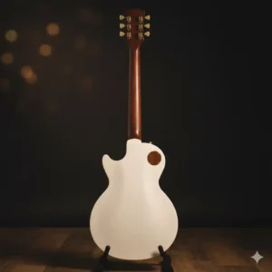 The back and neck construction of a solid body white les paul guitar.