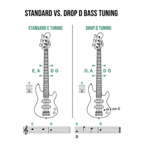A side-by-side comparison of string tension when using a drop d bass tuner versus standard tuning.