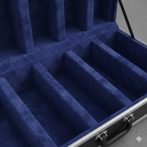 High-density plush foam lining inside a guitar vault case to prevent scratches and movement during travel.