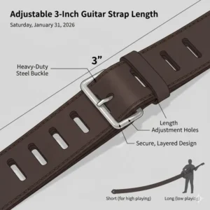 Illustration of the adjustment buckle on a heavy-duty 3 inch guitar strap.