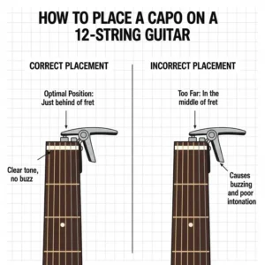 Instructional graphic on how to correctly position the best capo for 12 string guitar.