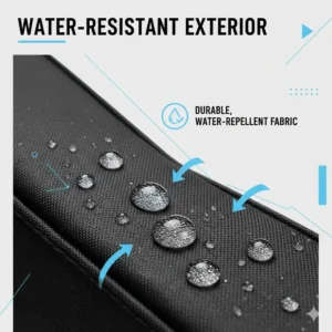 Close-up illustration showing water-repellent fabric technology on a gig bag acoustic.