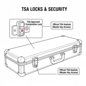 Diagram of the TSA-approved locking system for a secure bass guitar flight case.