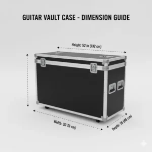 Illustration showing the exterior dimensions and height of a standard professional guitar vault case.