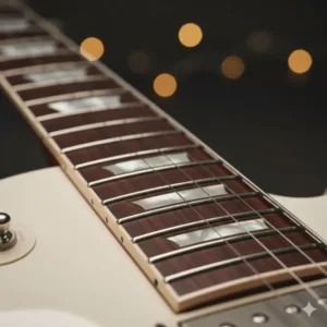 Fretboard detail showing the trapezoid inlays of a beautiful white les paul guitar.