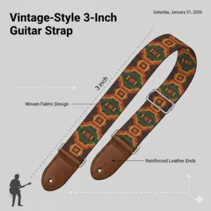 A vintage-patterned 3 inch guitar strap design showcasing woven fabric and reinforced ends.