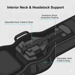Interior view illustration of the reinforced neck support and headstock cradle in a gig bag acoustic.