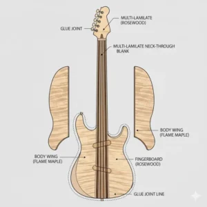 Visual guide showing how the side wings are attached to the core of a neck through guitar.
