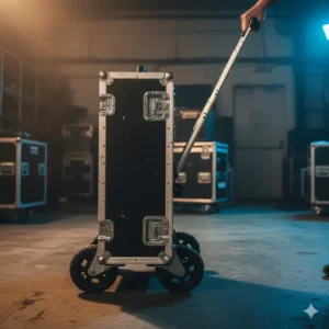 Portable multi guitar case featuring heavy-duty wheels and a telescoping handle.