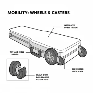 Illustration of the heavy-duty castor wheels on the bottom of a bass guitar flight case.