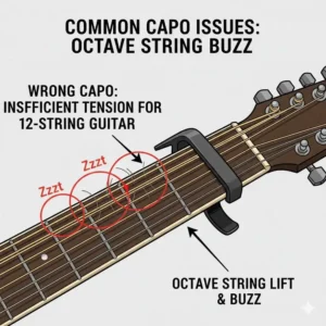 Visual guide to preventing string buzz by choosing the best capo for 12 string guitar.