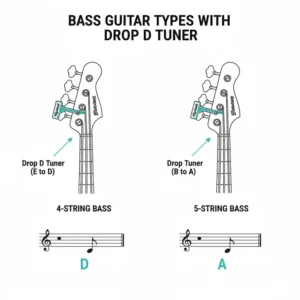 An infographic showing different bass headstock shapes compatible with a drop d bass tuner.