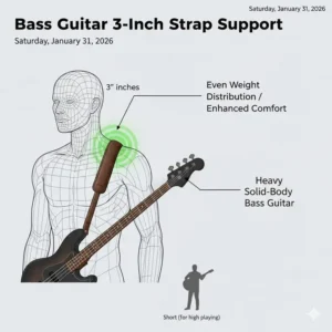 Illustration of a 3 inch guitar strap supporting a heavy solid-body bass guitar.