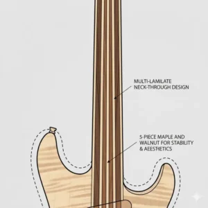 Showcase of a multi-laminate wood pattern used in a high-quality neck through guitar neck.