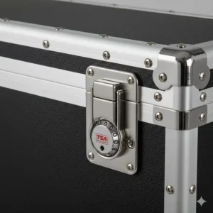Detailed shot of the recessed TSA-approved locking system on a secure guitar vault case.