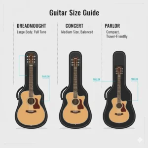 Size comparison guide for different guitar shapes fitting into a universal gig bag acoustic.