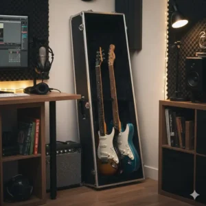 A slim-profile multi guitar case ideal for saving floor space in home studios.