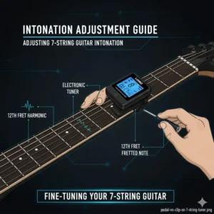Close-up of a digital display on a 7 string guitar tuner showing extreme strobe accuracy.
