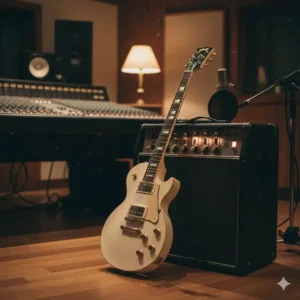 A white les paul guitar leaning against an amplifier in a professional recording studio.