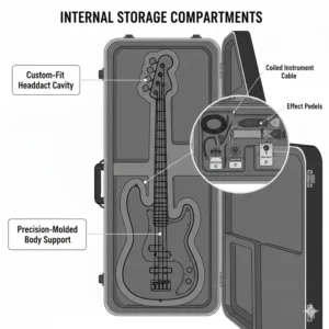 Internal accessory storage compartments designed within a hardshell bass guitar flight case.