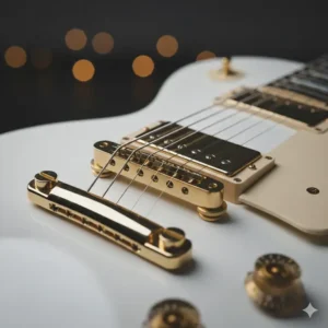 Close-up of the gold Tune-O-Matic bridge and tailpiece of a white les paul guitar.