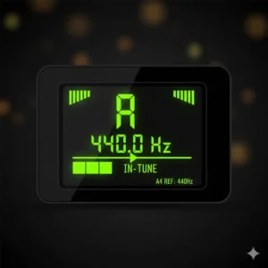A bright, high-contrast LED guitar tuner frequency display designed for easy visibility on dark stages.