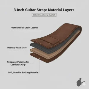 Cross-section illustration of the memory foam and neoprene layers inside a 3 inch guitar strap.