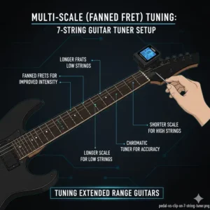 Illustration of a multiscale neck being tuned accurately with a specialized 7 string guitar tuner.